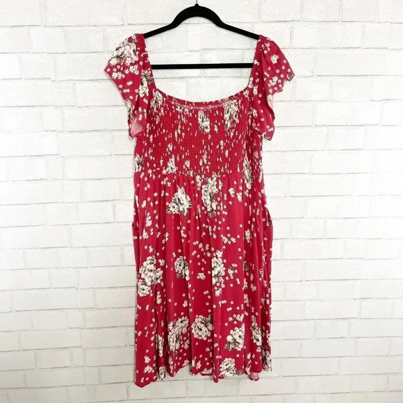 Torrid Faded Red/Pink Floral Smocked Flutter Sleeve Sundress Women's Size 1X - Picture 6 of 9